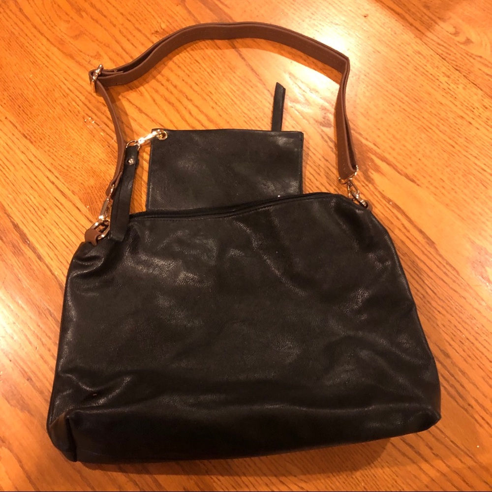 Black cross body bag w/ brown strap and small bag